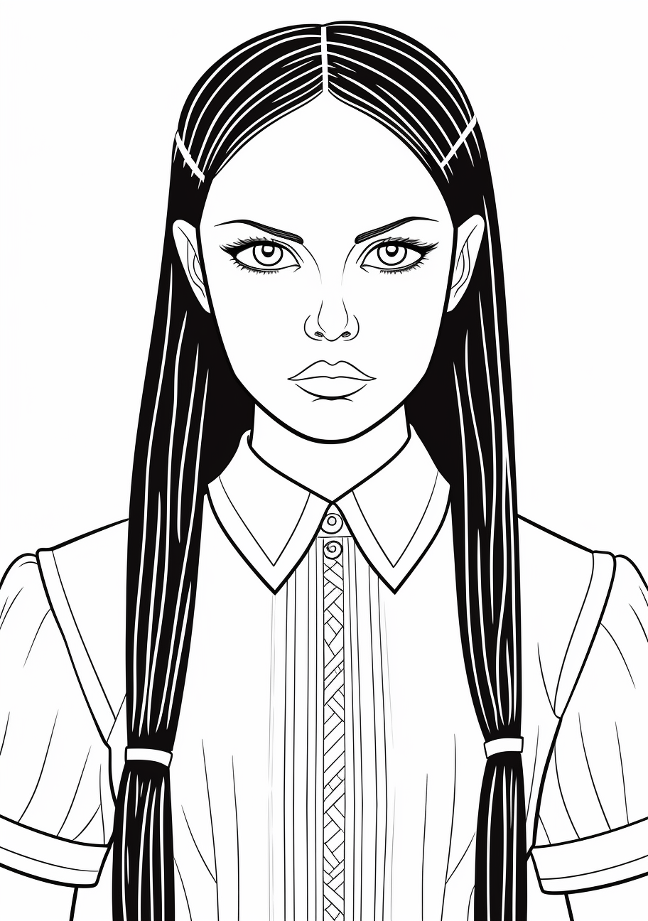 Focus on Wednesday Addams's typical dual braids; precise lines outlining the hair. printable coloring page, black and white, free download