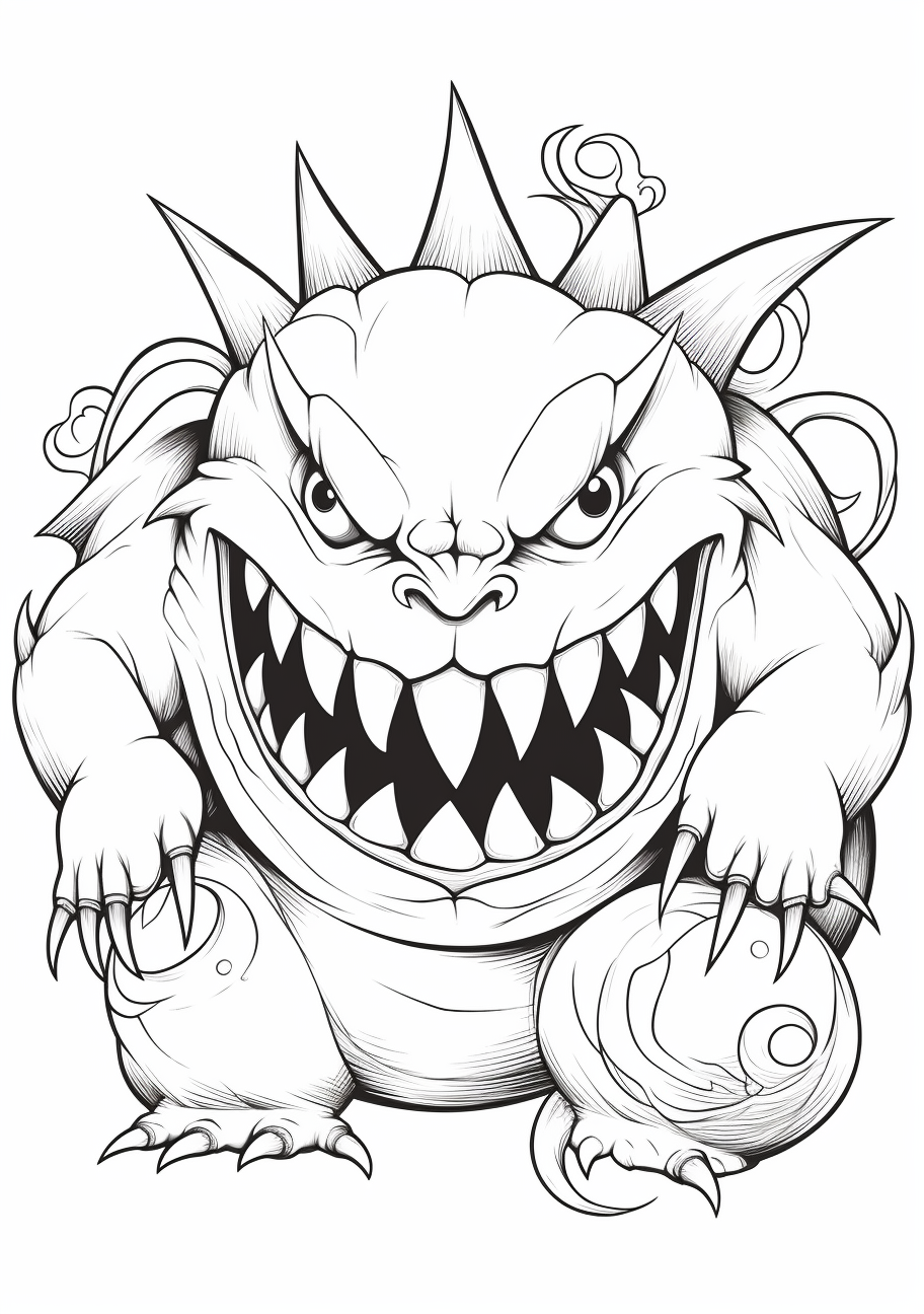 Traditional Mega Gengar pose; complex designs and intricate patterns. printable coloring page, black and white, free download