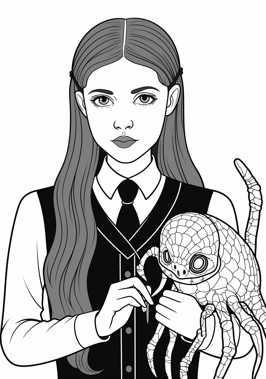 Wednesday Addams with her pet octopus; sharp lines and careful details. printable coloring page, black and white, free download