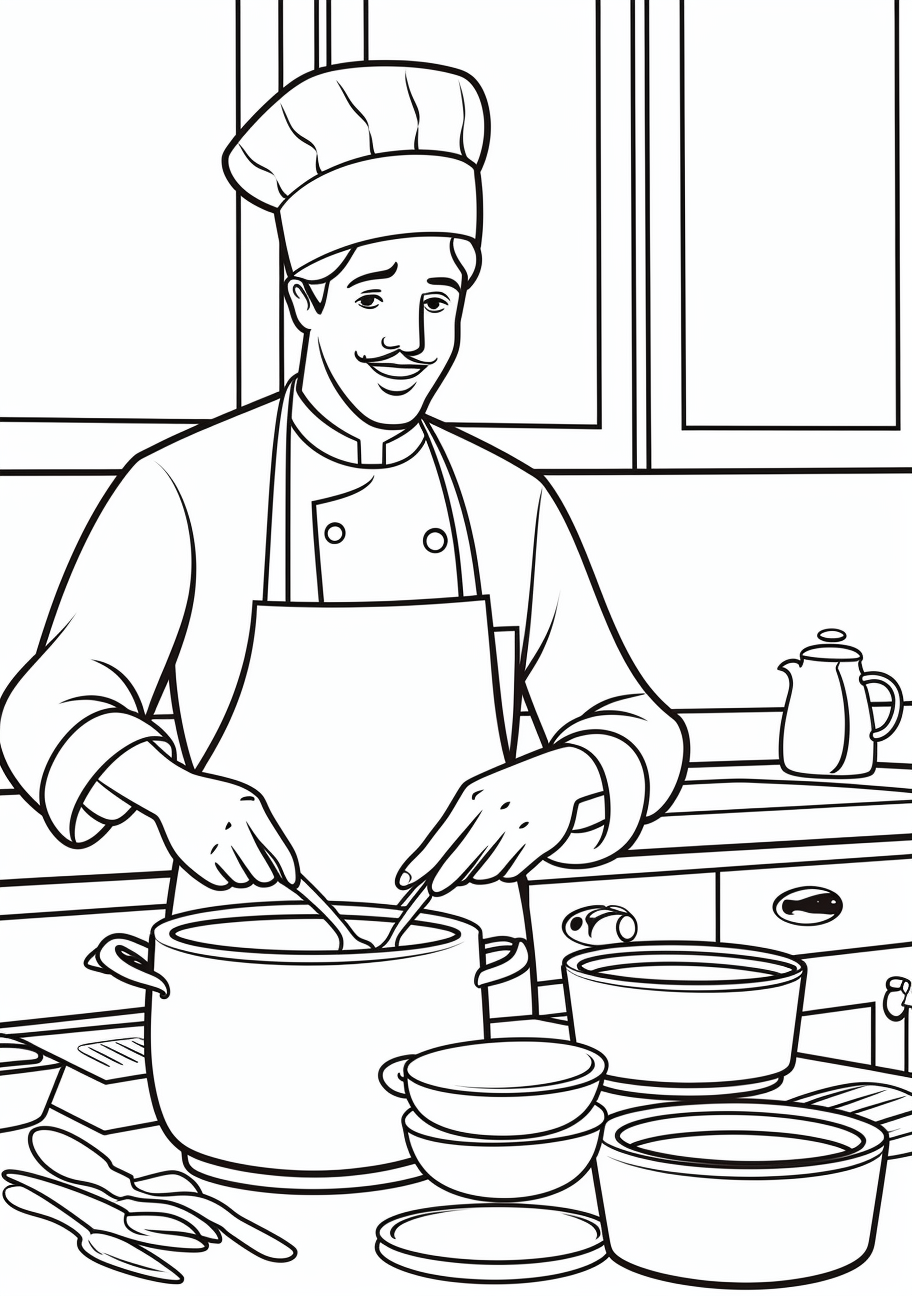 Master chef cooking a meal, with various cooking tools; detailed lines and complex shapes.printable coloring page, black and white, free download