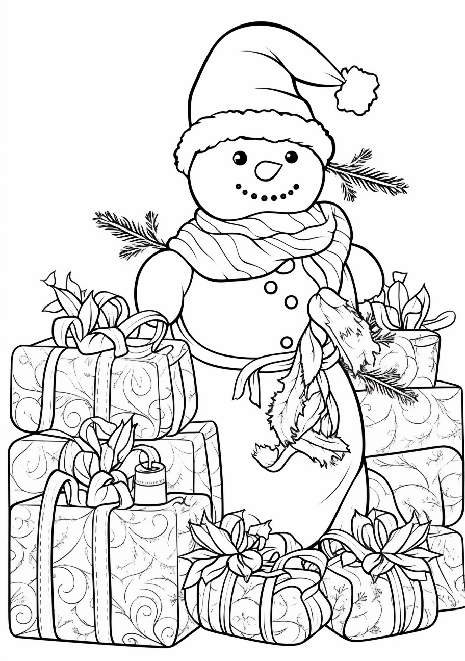 An image featuring a snowman with Christmas gifts; bold lines with moderate detailing.printable coloring page, black and white, free download