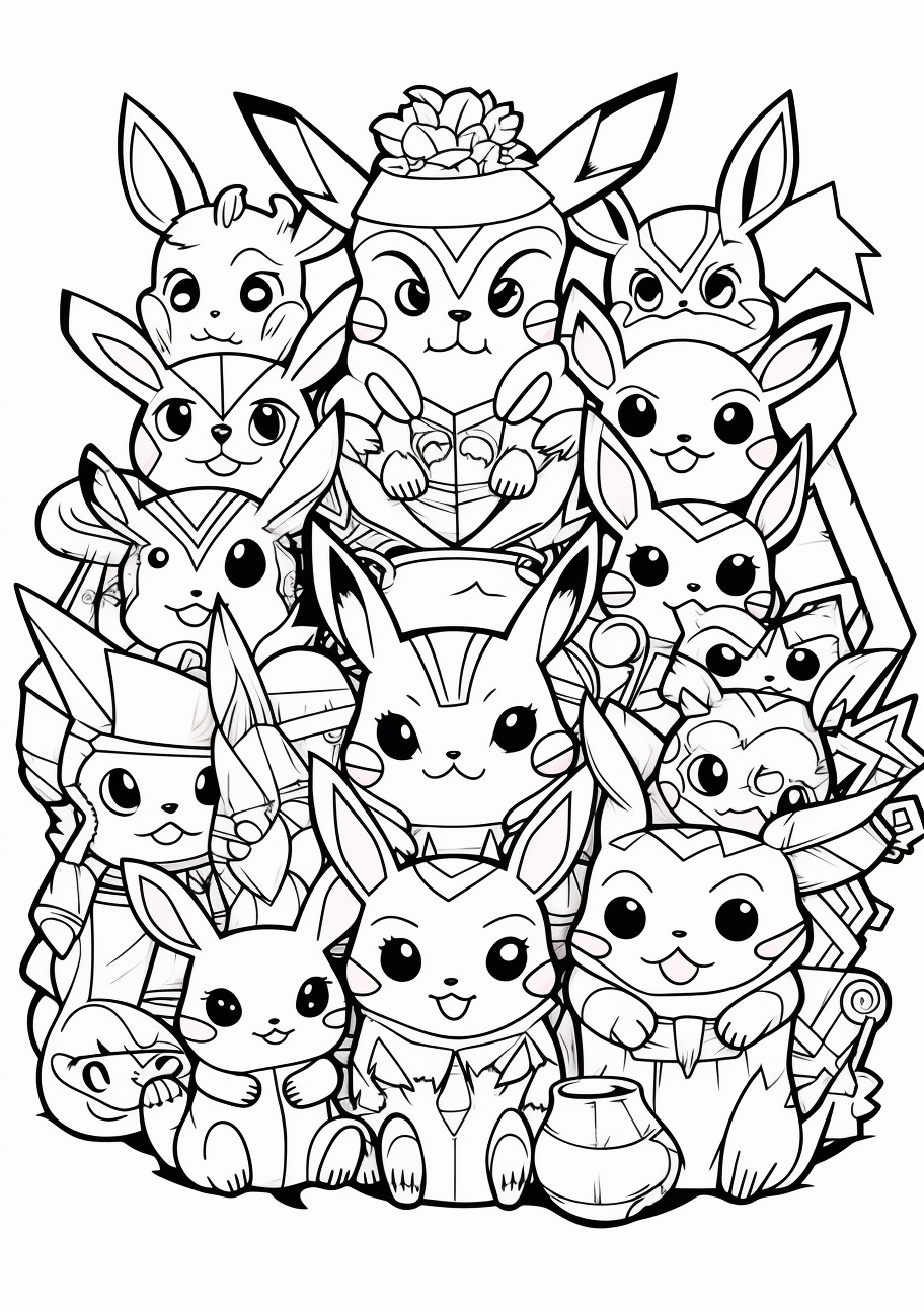 Composition featuring Pikachu and other Pokemon; designed with crisp outlines and simple shapes. printable coloring page, black and white, free download