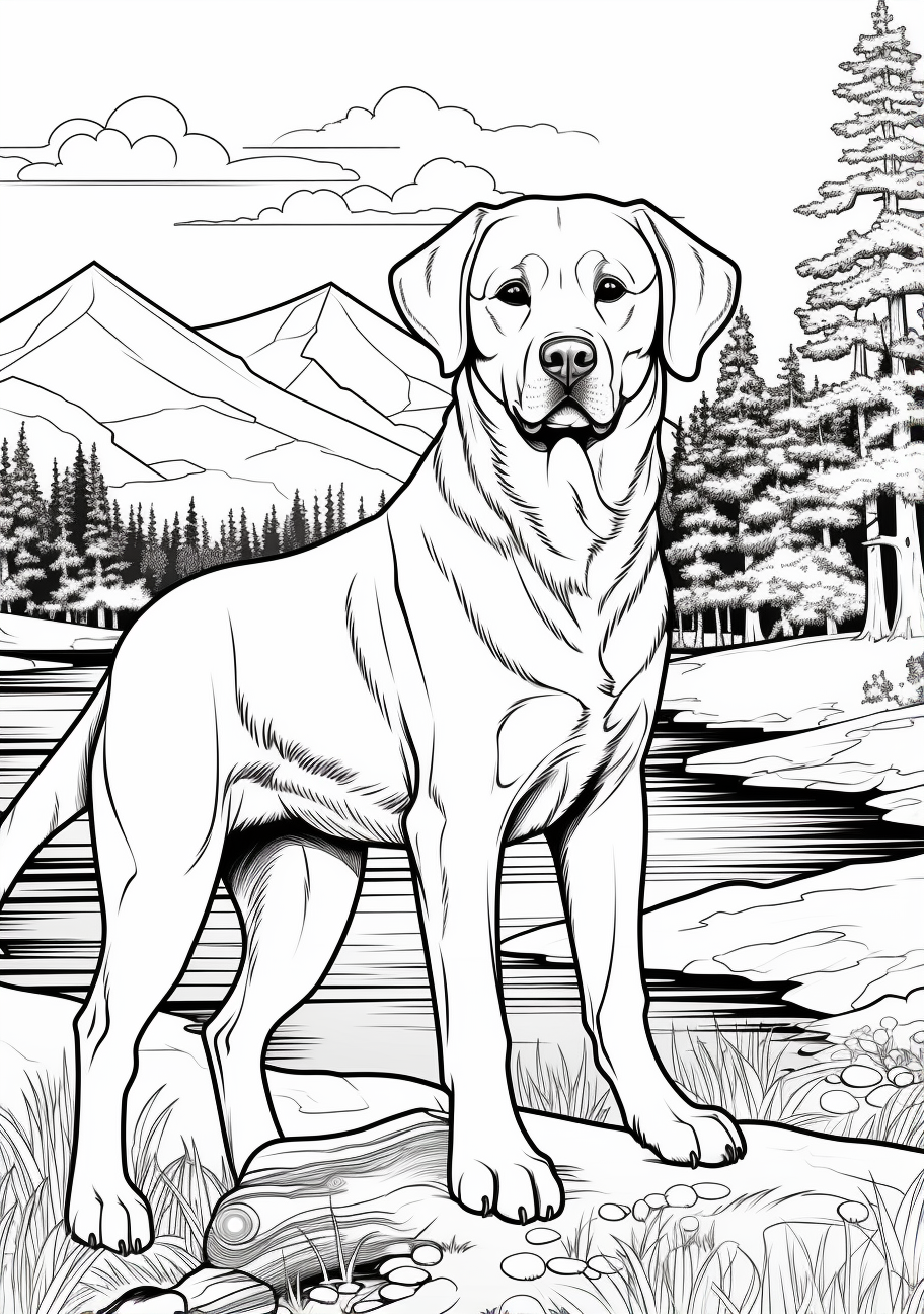 Depicts a Labrador Retriever in minute detail; true to life presentation printable coloring page, black and white, free download