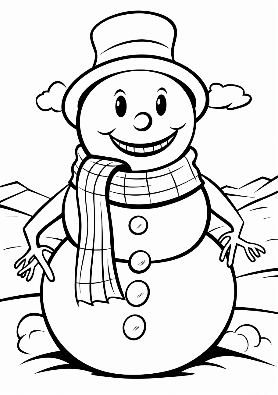 Snowman with coal-made smile; simple lines and clean shapes.printable coloring page, black and white, free download