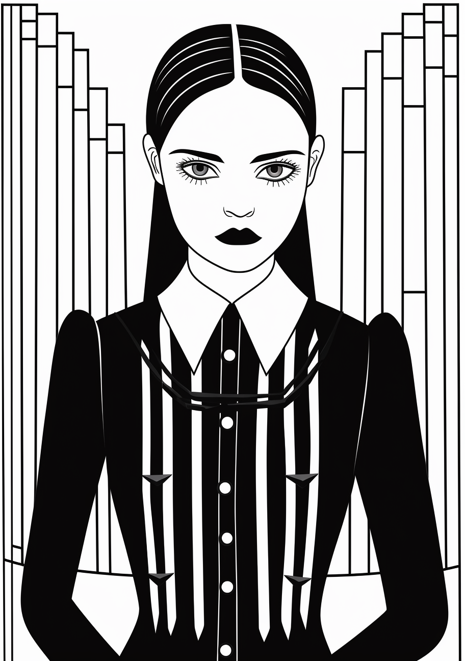 Simple image of contemporary Wednesday Addams; drawn in bold strokes. printable coloring page, black and white, free download