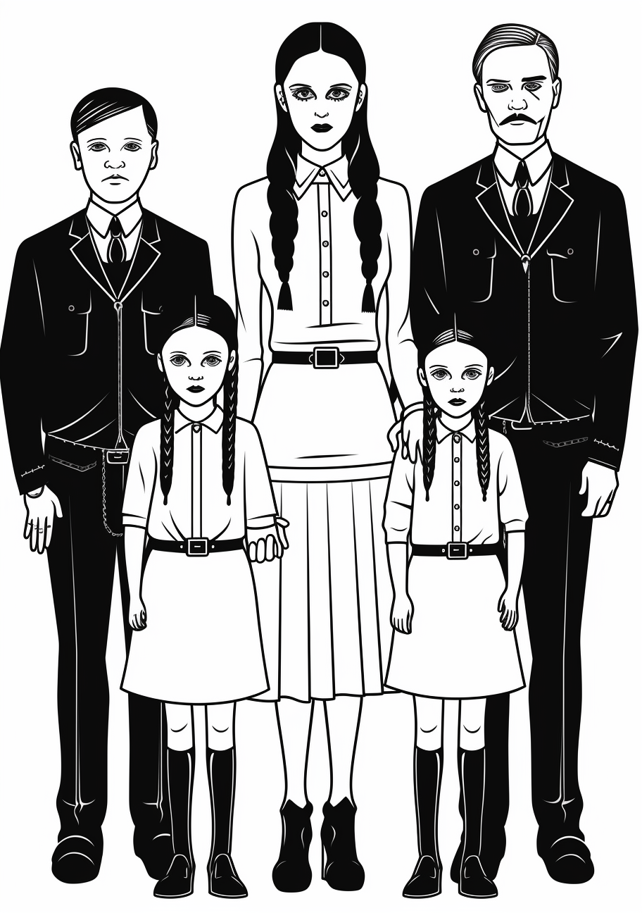 Artistic representation of The Addams Family featuring Wednesday Addams; moderate details. printable coloring page, black and white, free download
