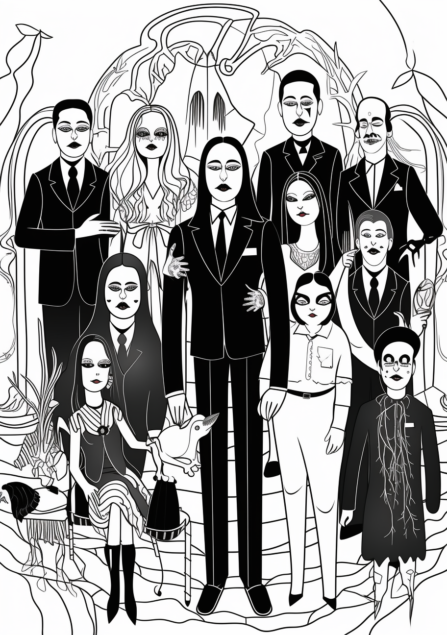 Detailed image of the entire Addams Family with a focus on Wednesday; comprehensive visuals with high attention to individual characters. printable coloring page, black and white, free download