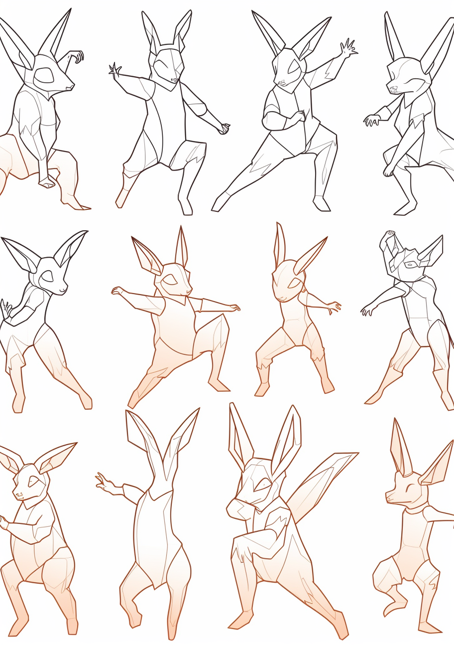 Outlined illustrations of Eevee evolutions in dancing poses; clean, simple lines. printable coloring page, black and white, free download
