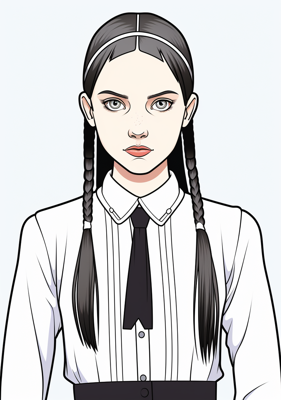 Portrait of Wednesday Addams; stylized like a stencil, with emphasis on her iconic features. printable coloring page, black and white, free download