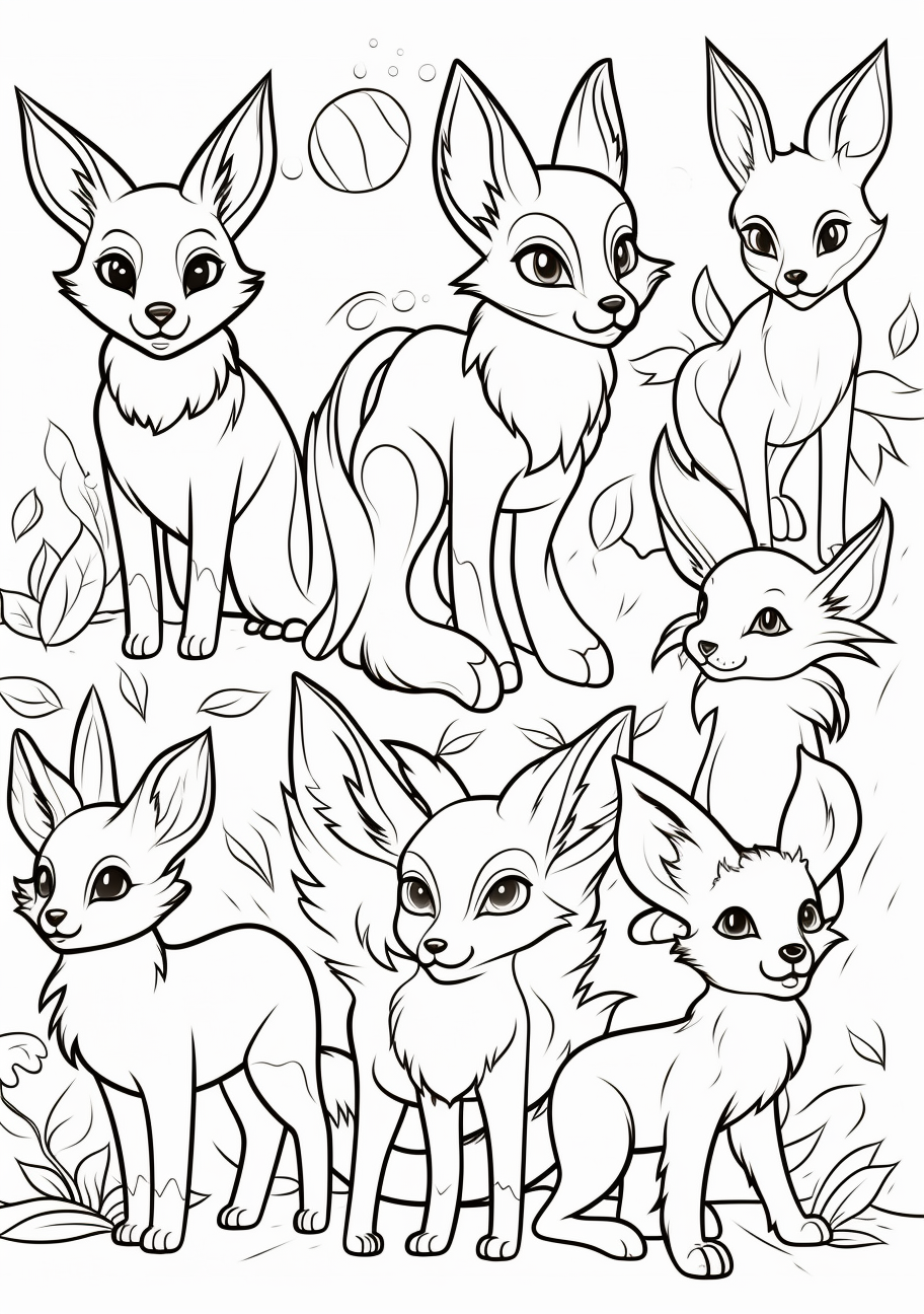 Depicts Eevee’s evolved forms in motion; distinct, clear outlines. printable coloring page, black and white, free download