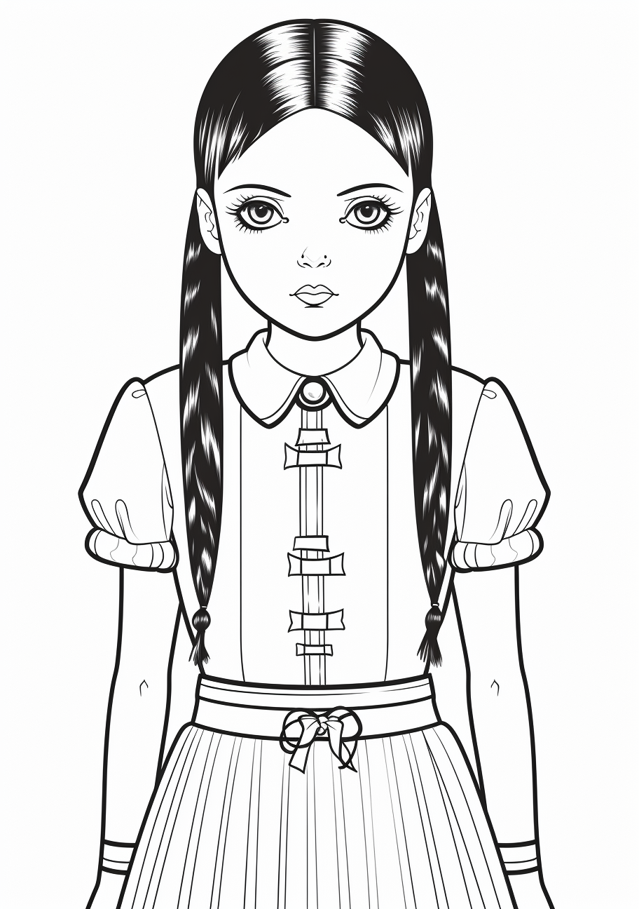 Classic portrait of Wednesday Addams; featuring details on her gothic dress and braids. printable coloring page, black and white, free download