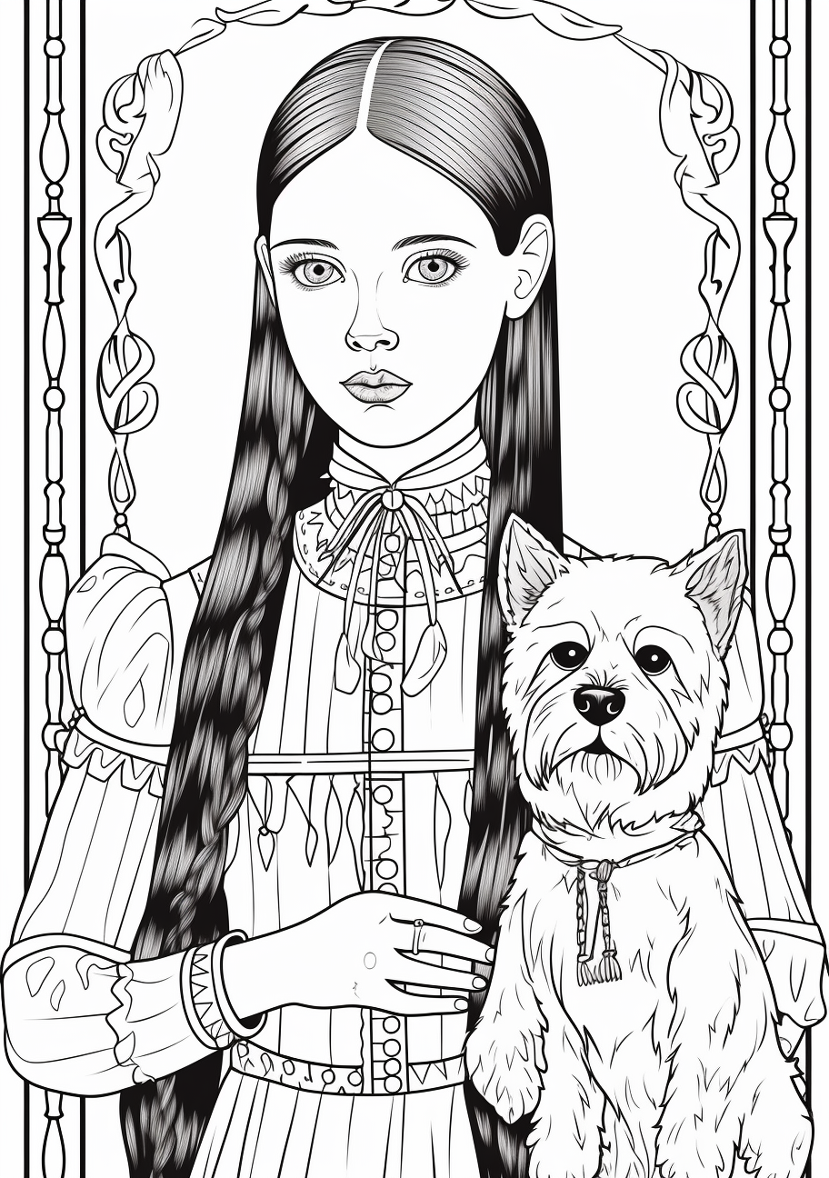 Wednesday Addams depicted with her favorite pet; fine details on both the characters. printable coloring page, black and white, free download
