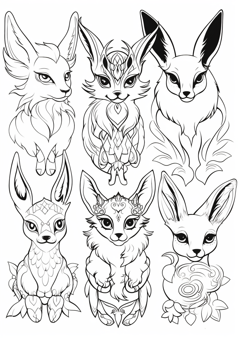 Eevee evolutions with ornamental designs; features intricate patterns and flourishes. printable coloring page, black and white, free download