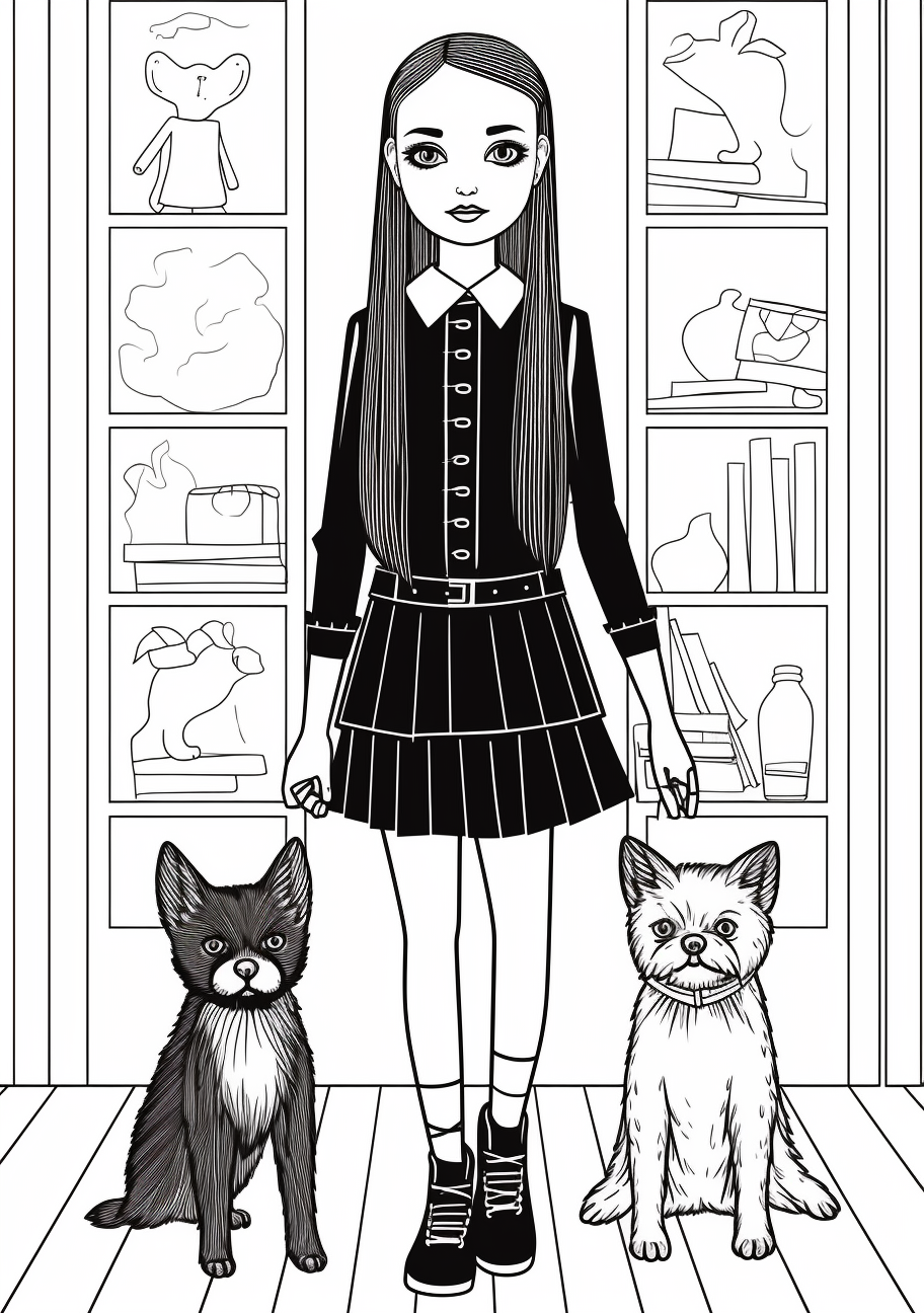 Portrays a charming but gothic-esque scene of Wednesday Addams and her pet; intricate detailing on pet and Wednesday's hair and clothing. printable coloring page, black and white, free download