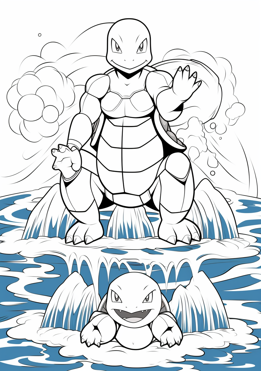 Portrays Squirtle's evolution into Wartortle and Blastoise; focused on the shell and water features. printable coloring page, black and white, free download