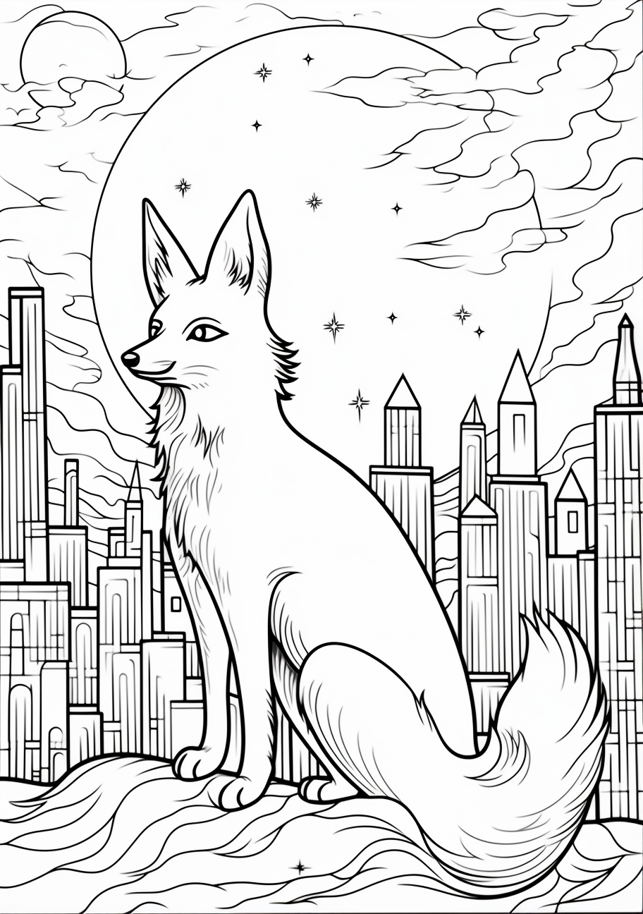 Nighttime scene of a fox and a full moon; prominent focus on celestial motifs.printable coloring page, black and white, free download