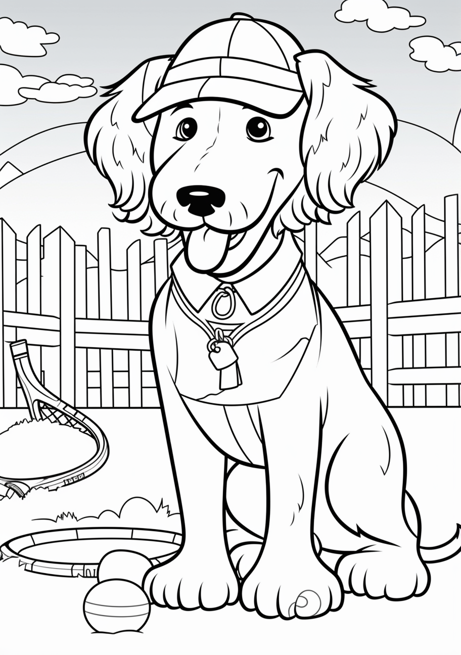 Charming cartoon pup sporting a bandana, defined by bold outlines and light shading. printable coloring page, black and white, free download