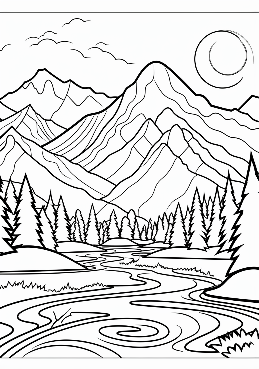 A classic mountain range with a winding river at its base; intricate linework for realism. printable coloring page, black and white, free download