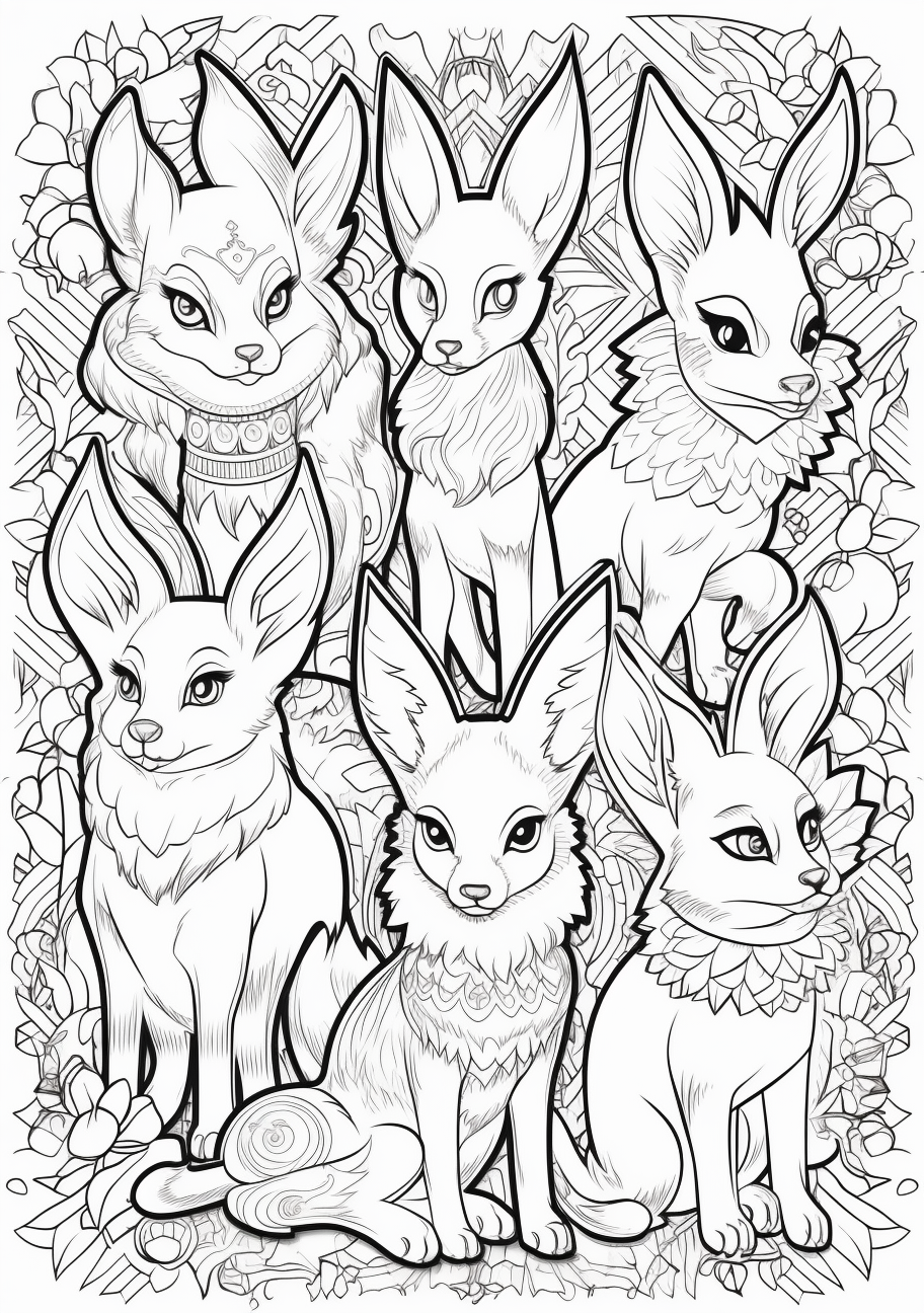 Eevee's evolutions depicted in a dynamic and playful manner; clear lines and detailed patterns. printable coloring page, black and white, free download