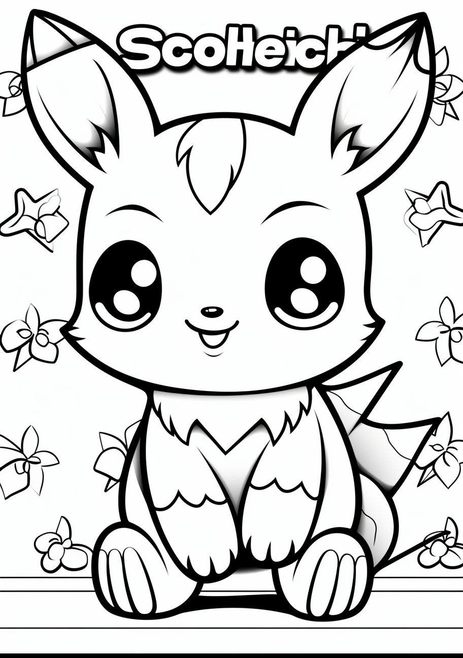 Cute actions of Pikachu represented; simplified cartoon style with bold lines. printable coloring page, black and white, free download