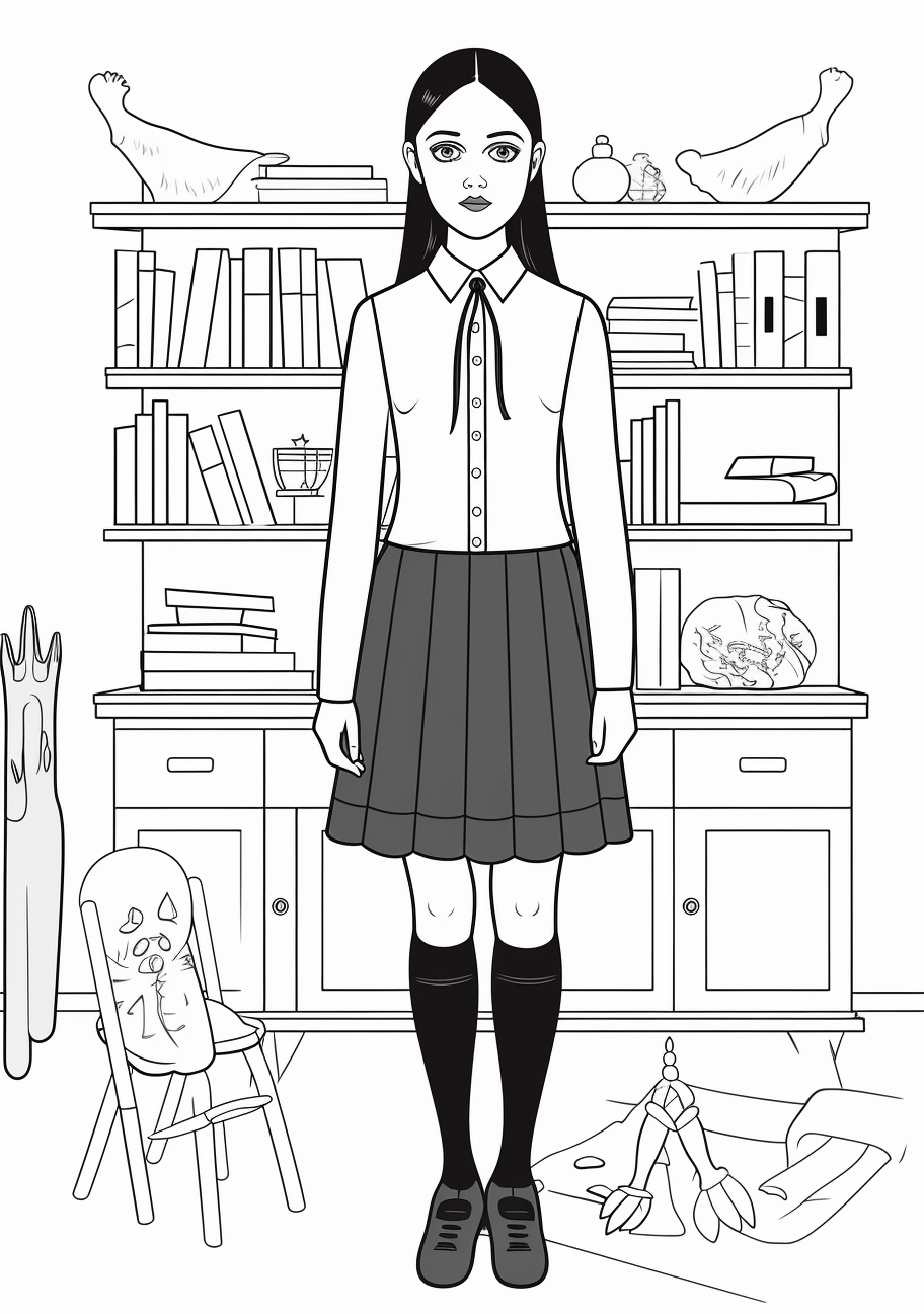 Image of Wednesday Addams in her classic dress; bold lines with minimal patterns. printable coloring page, black and white, free download
