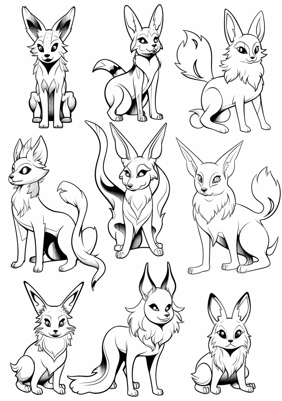 Eevee evolution designs with prominent, bold outlines. printable coloring page, black and white, free download
