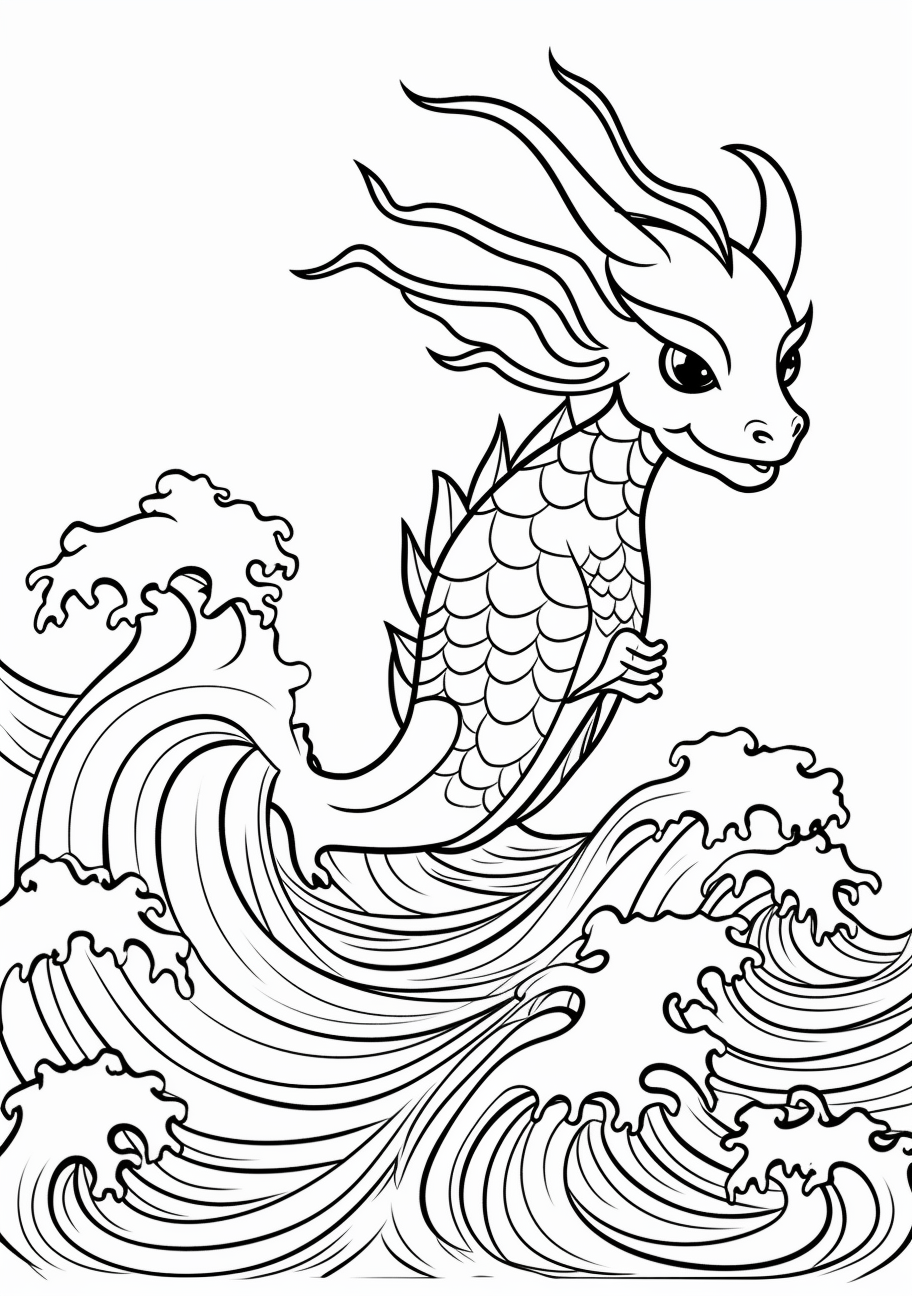 Eevee's Water Evolution, Vaporeon; intricate wave patterns on its body. printable coloring page, black and white, free download