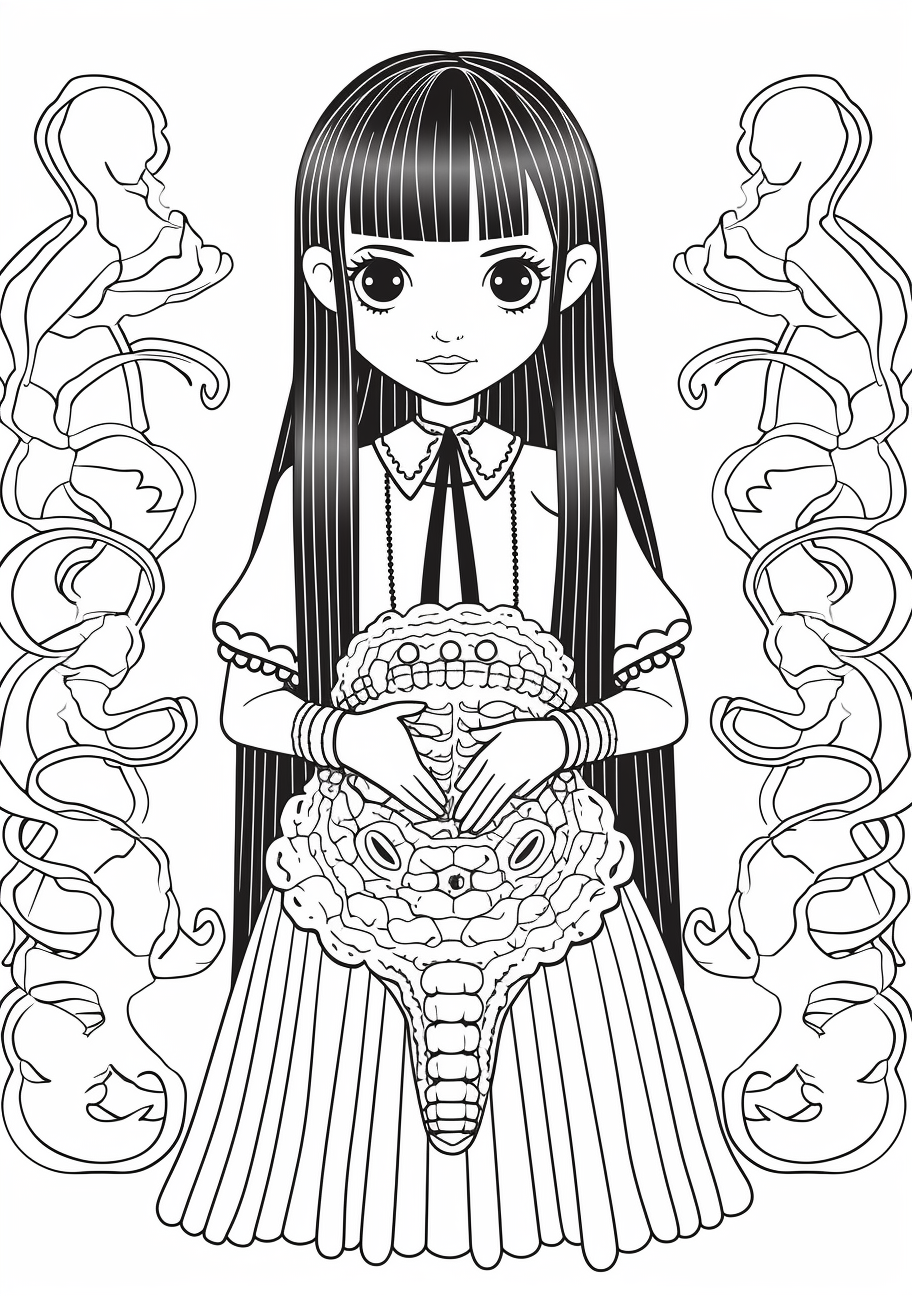 Wednesday Addams holding an octopus pet; detailed tentacle patterns; with Addams' classic pleated skirt and braided hair. printable coloring page, black and white, free download