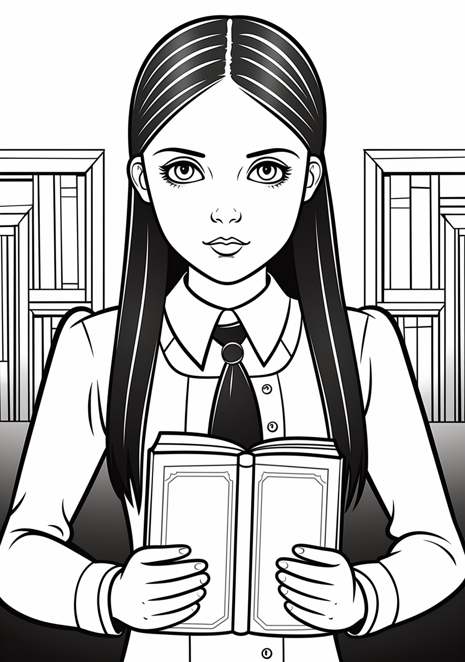 Wednesday Addams holding a book; clean lines and clear facial expression. printable coloring page, black and white, free download