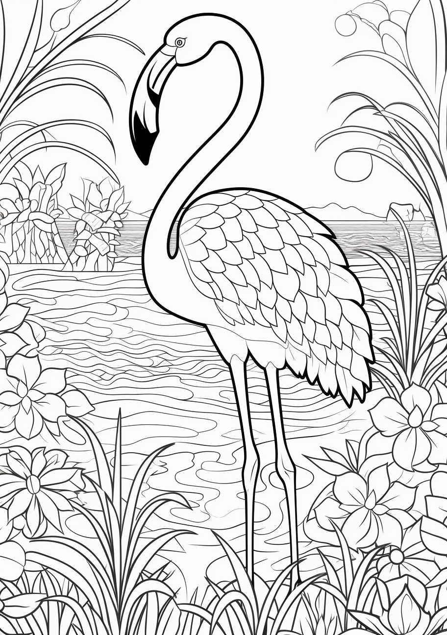 A standing flamingo surrounded by tropical plants; emphasis on the bird's features.printable coloring page, black and white, free download