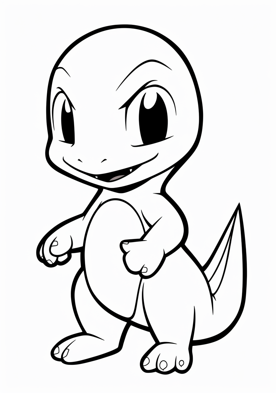 Charmander's world expressed with cartoon like details; bold lines and smooth shapes. printable coloring page, black and white, free download