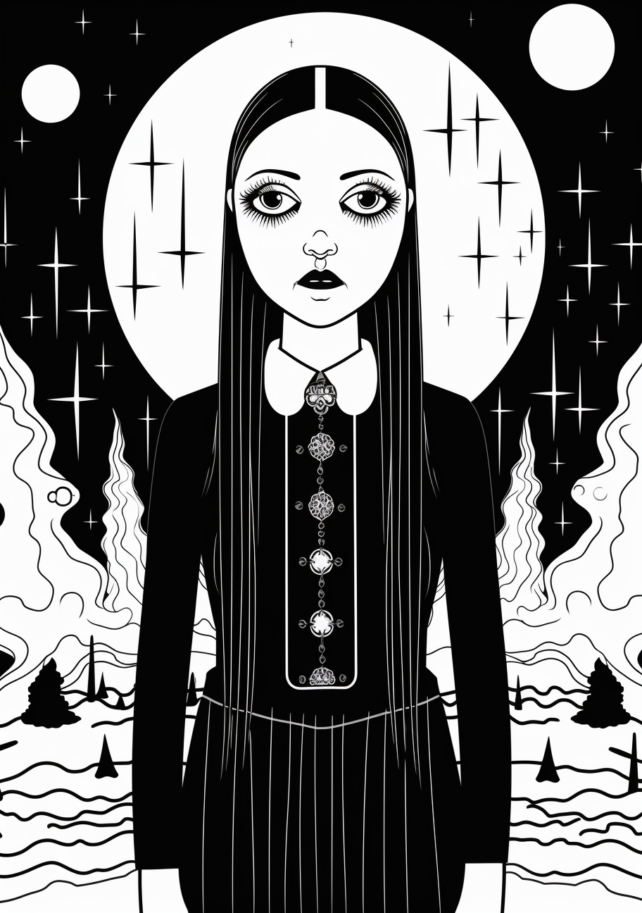 Portrait of Wednesday Addams with an ethereal glow around her; surrounded by intricate celestial designs. printable coloring page, black and white, free download