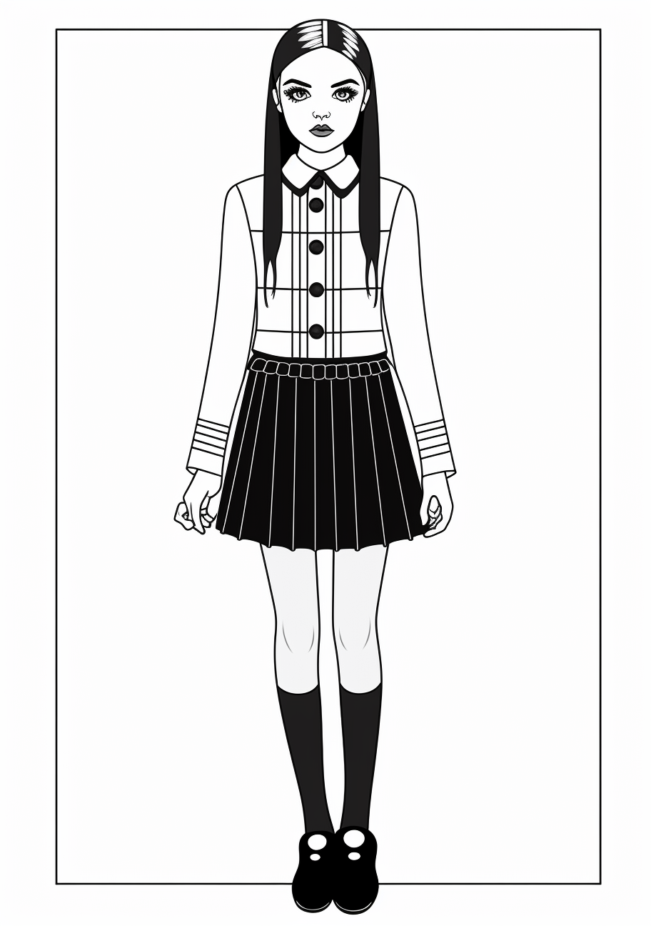 Elegant portrayal of Wednesday Addams clad in trendsetting attire. printable coloring page, black and white, free download
