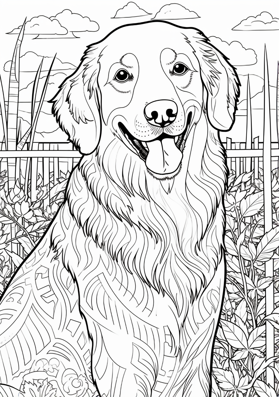 Depicts a Golden Retriever with intricate details; realistic style printable coloring page, black and white, free download