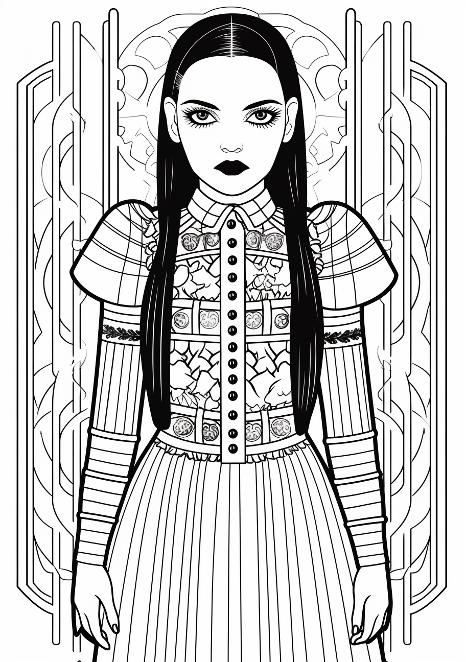 Wednesday Addams posing with attitude; expressive facial features and fashion-forward outfit. printable coloring page, black and white, free download