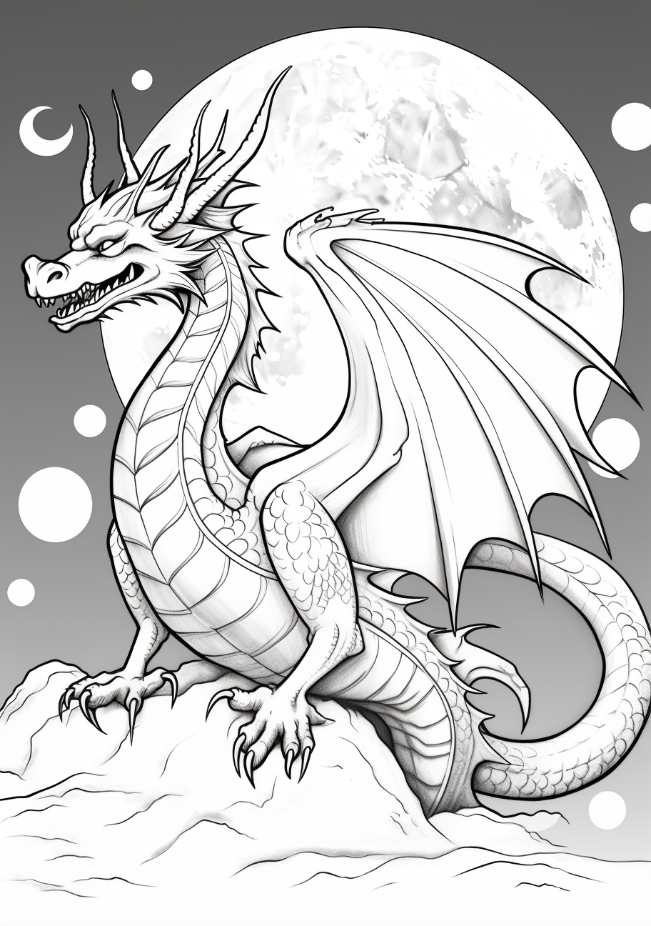 Large dragon under the starlit sky; detailed scales and a prominently featured moon.printable coloring page, black and white, free download