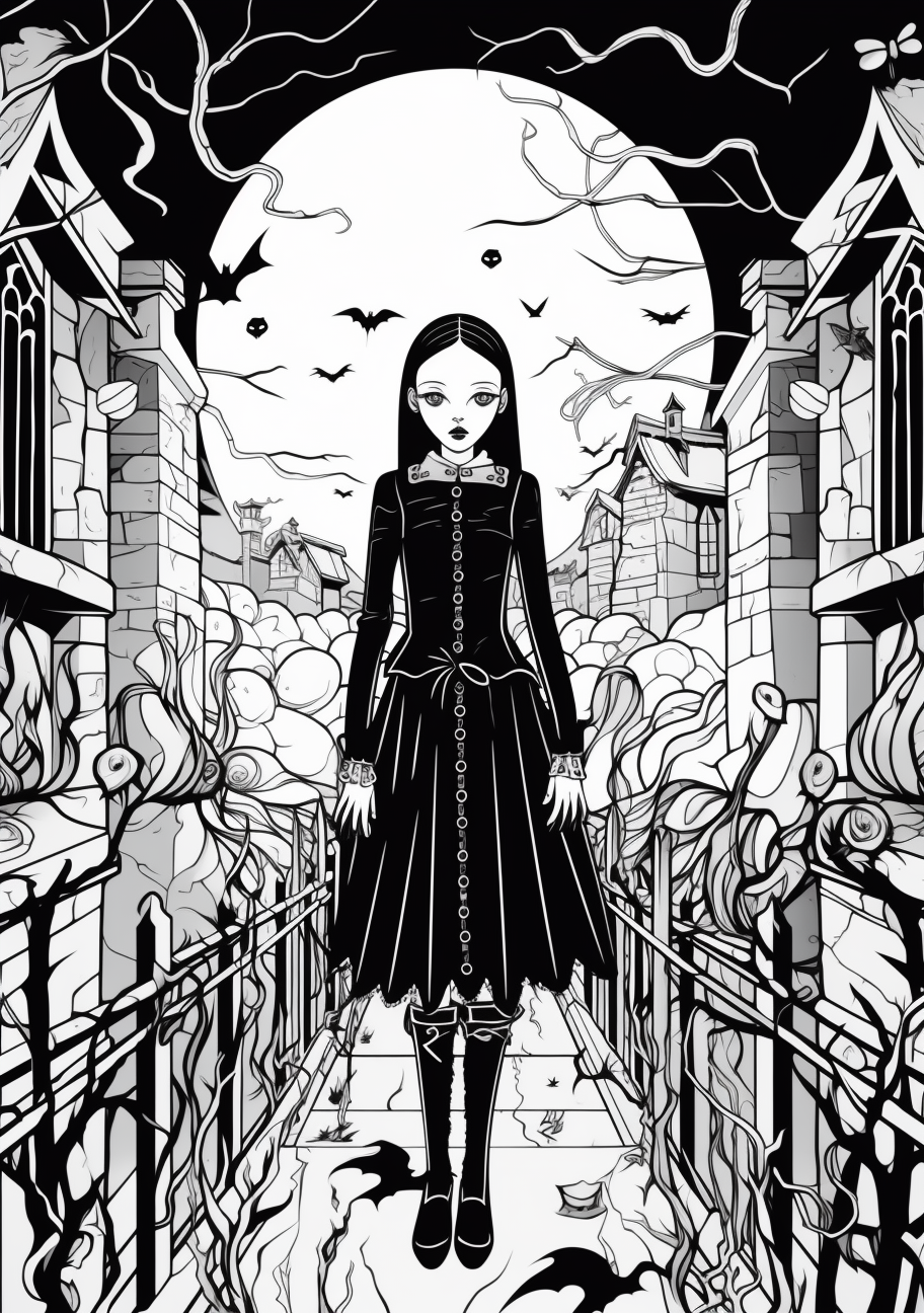 Exemplifies Wednesday Addams in the eerie Addams family home; fine details on interior decor and architectural style. printable coloring page, black and white, free download