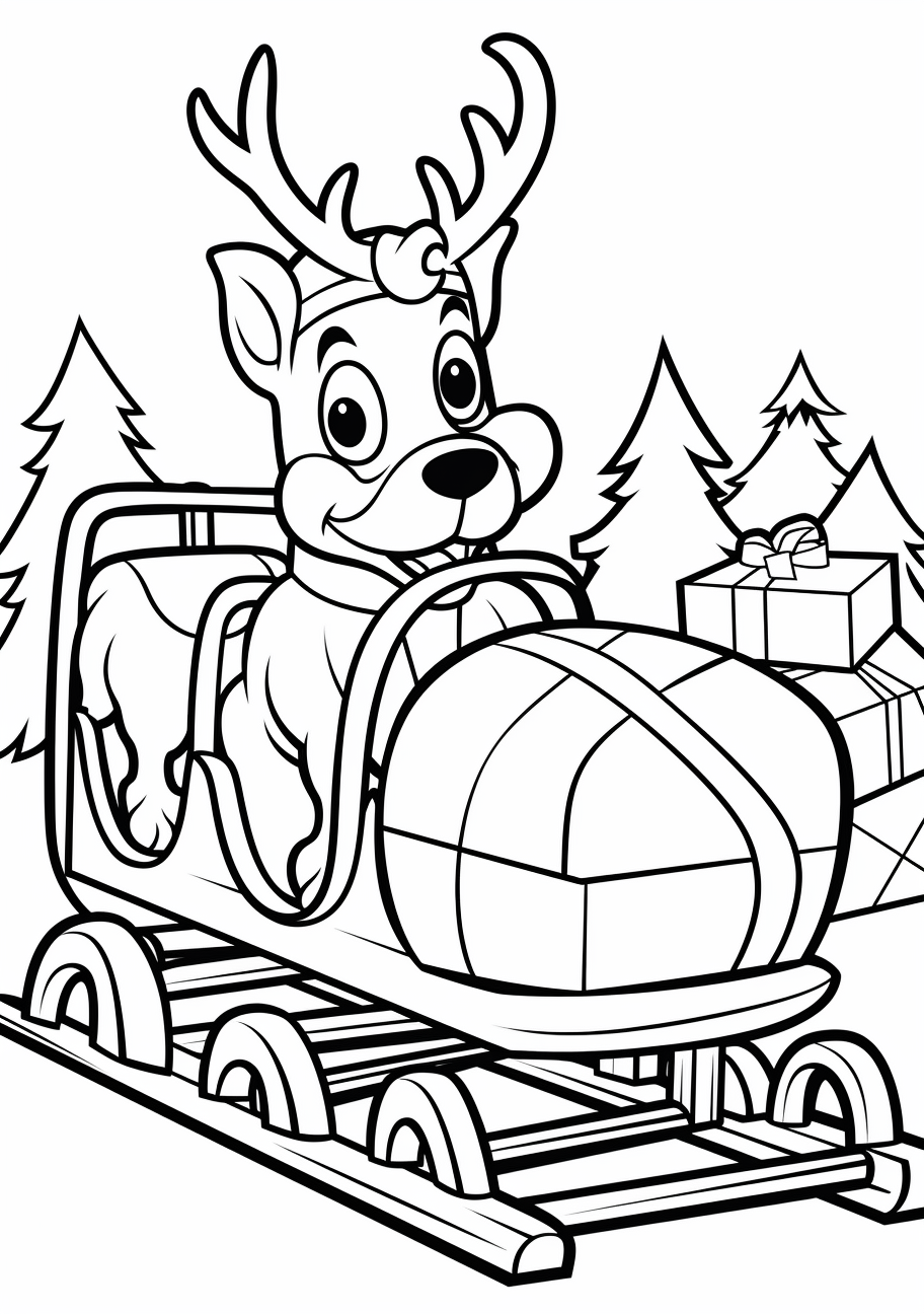 Artistic rendition of Santa's reindeer pulling the Christmas sleigh; clean lines and defined shapes.printable coloring page, black and white, free download