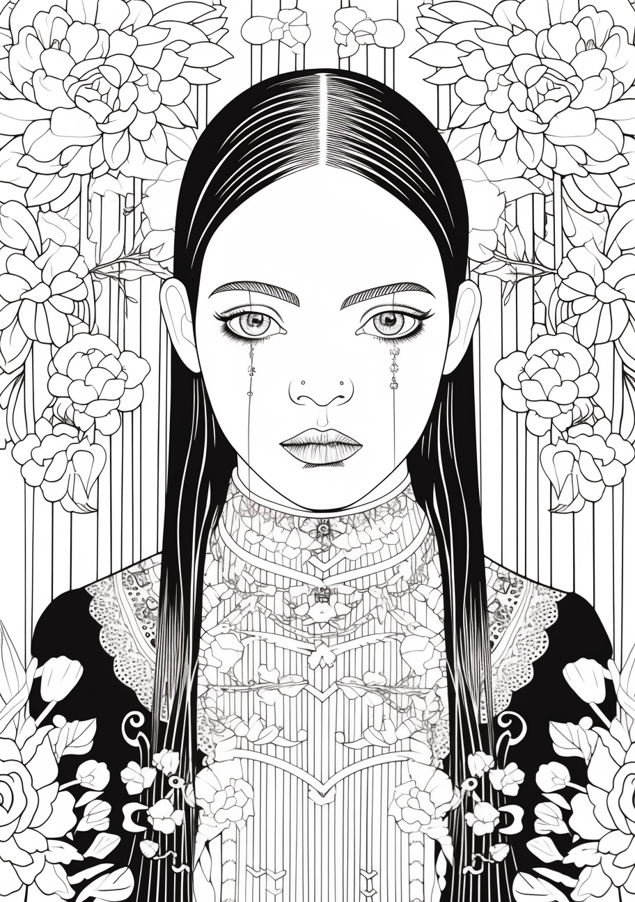 Wednesday Addams detailed portrait with a rich, complex pattern background. printable coloring page, black and white, free download