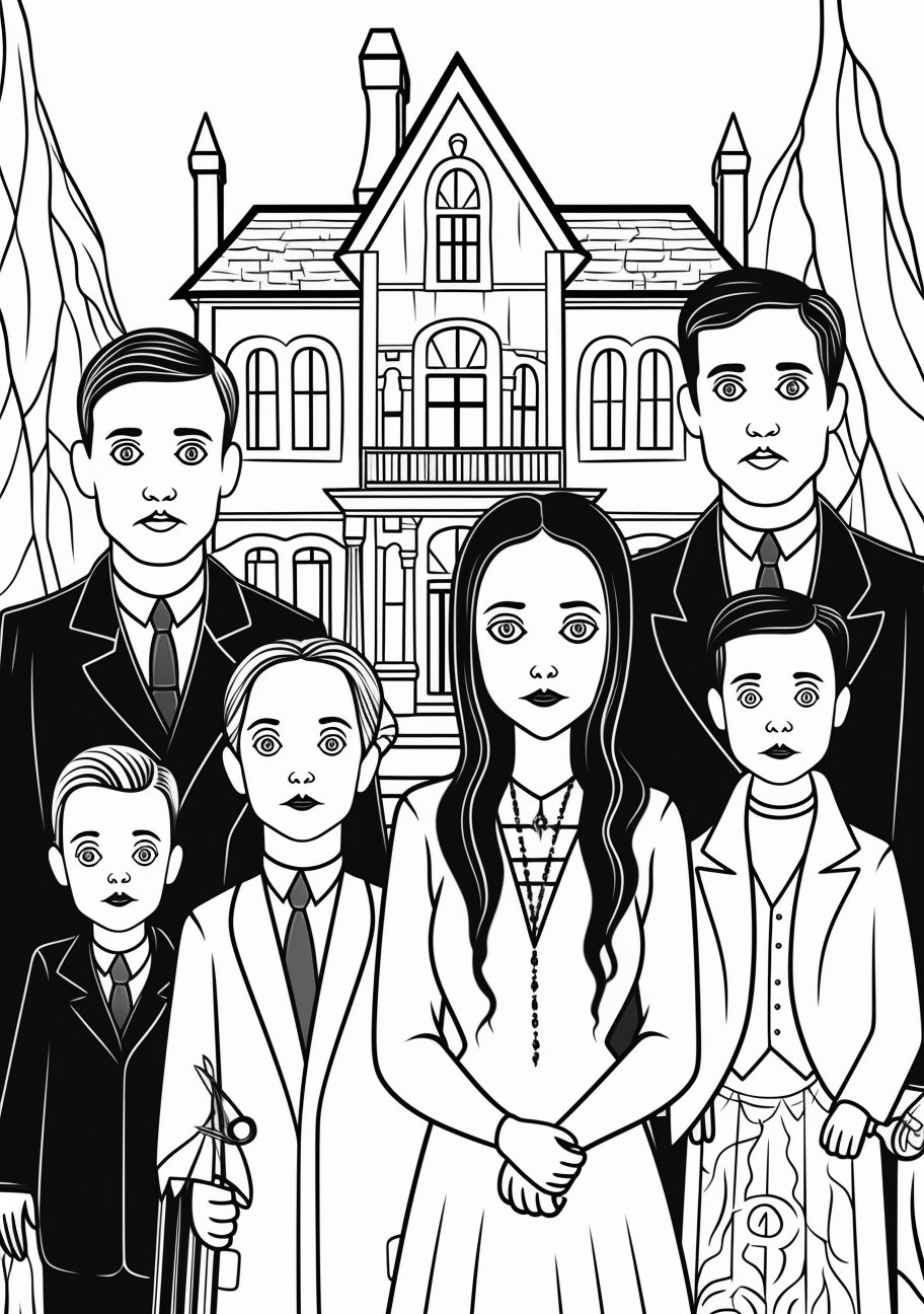 Group portrait of the Addams family with Wednesday in the center, drawn in a cartoon style with basic lines and shapes. printable coloring page, black and white, free download