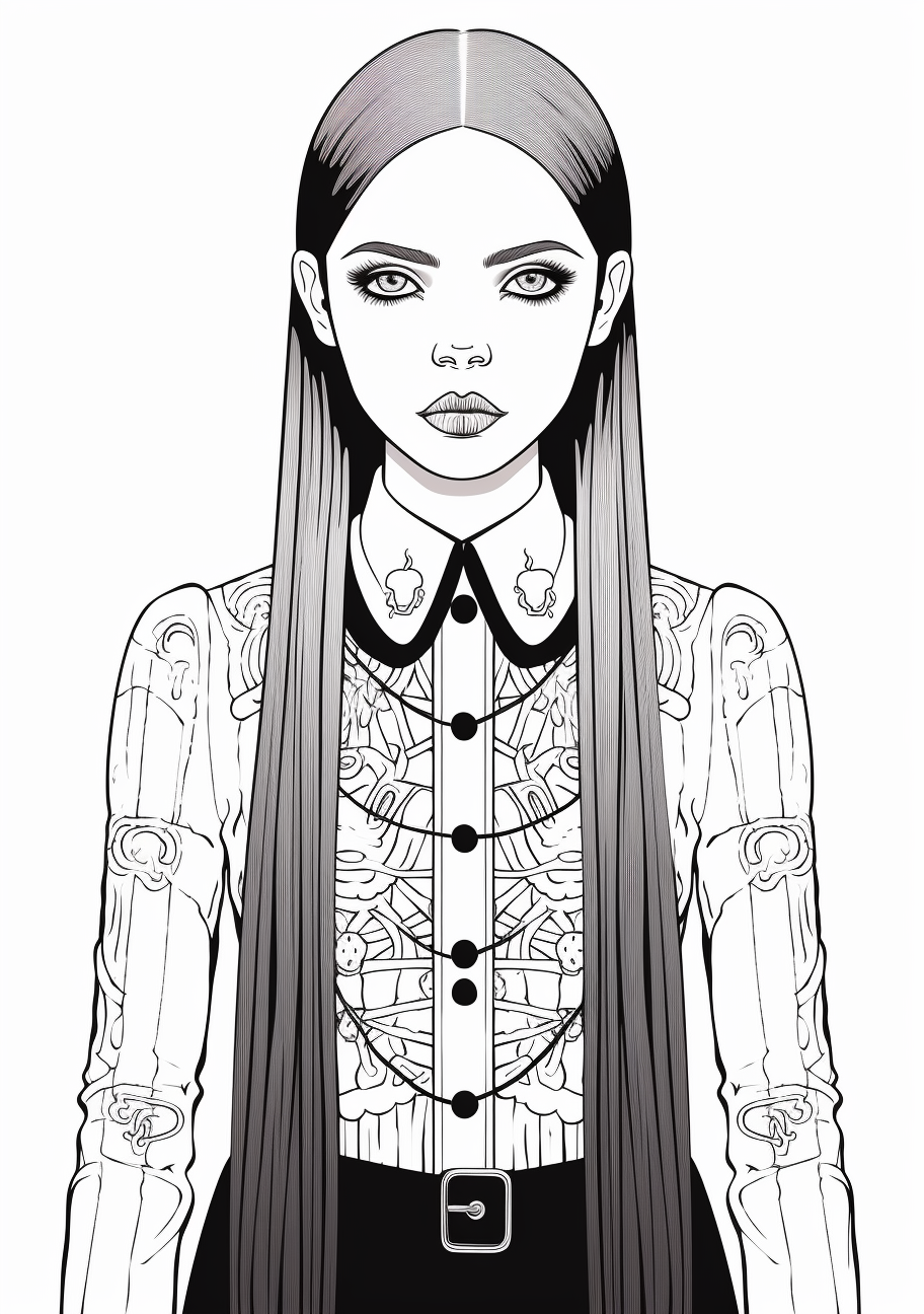 Modern Wednesday Addams surrounded by iconic motifs; intricately crafted with fine lines. printable coloring page, black and white, free download