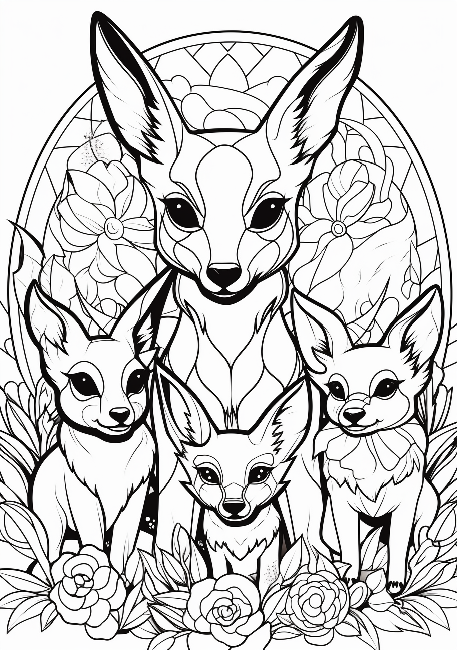 Depicts Eevee and its evolved forms in a group display; clear lines and simple shapes. printable coloring page, black and white, free download