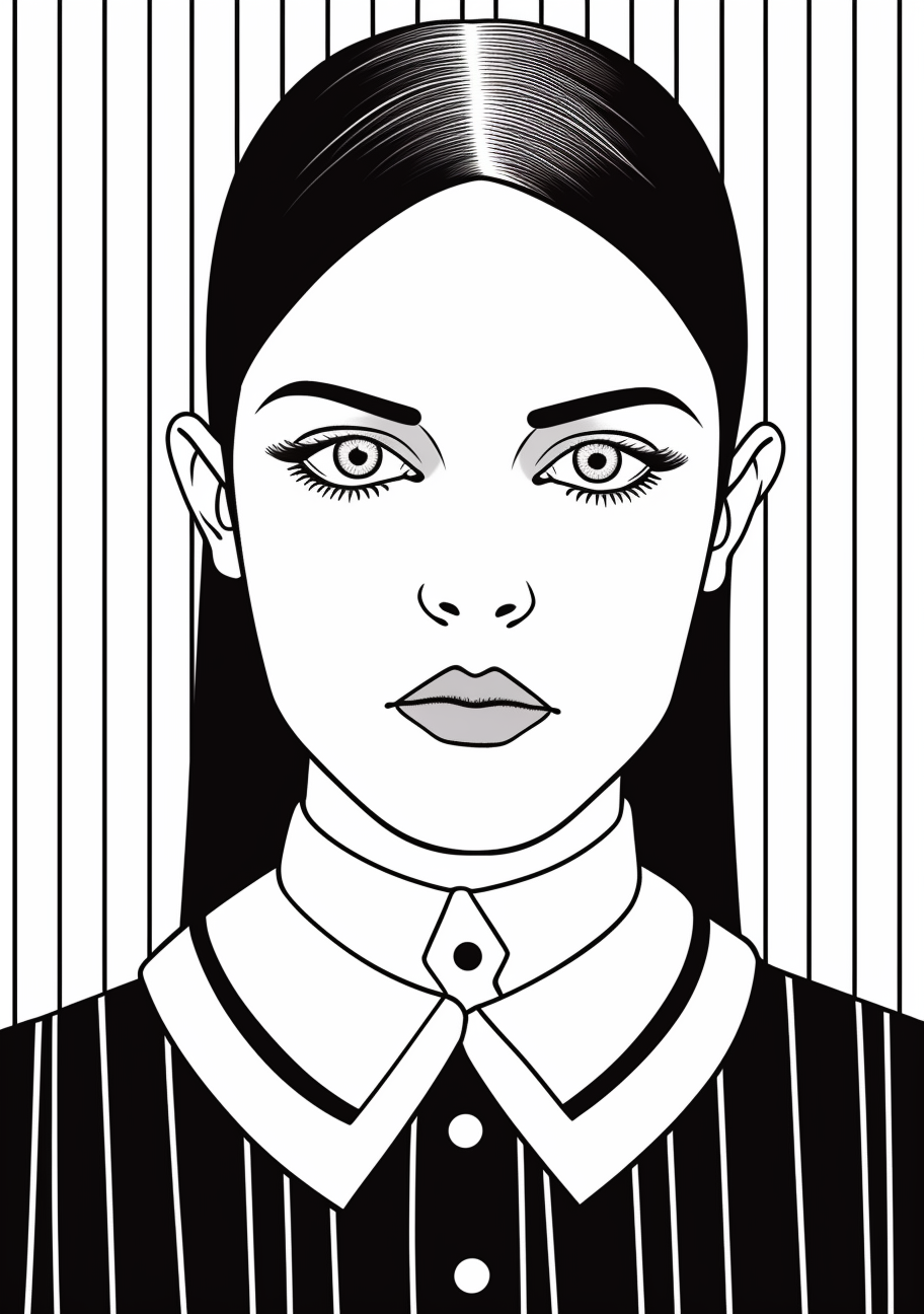 Close-up portrait of Wednesday Addams; bold lines with limited details. printable coloring page, black and white, free download