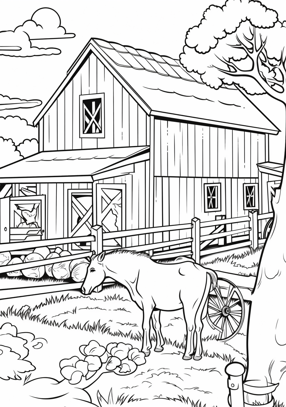 Farm scene featuring a cartoon cow, a barn, and trees in the background; level of detail is slightly intricate.printable coloring page, black and white, free download