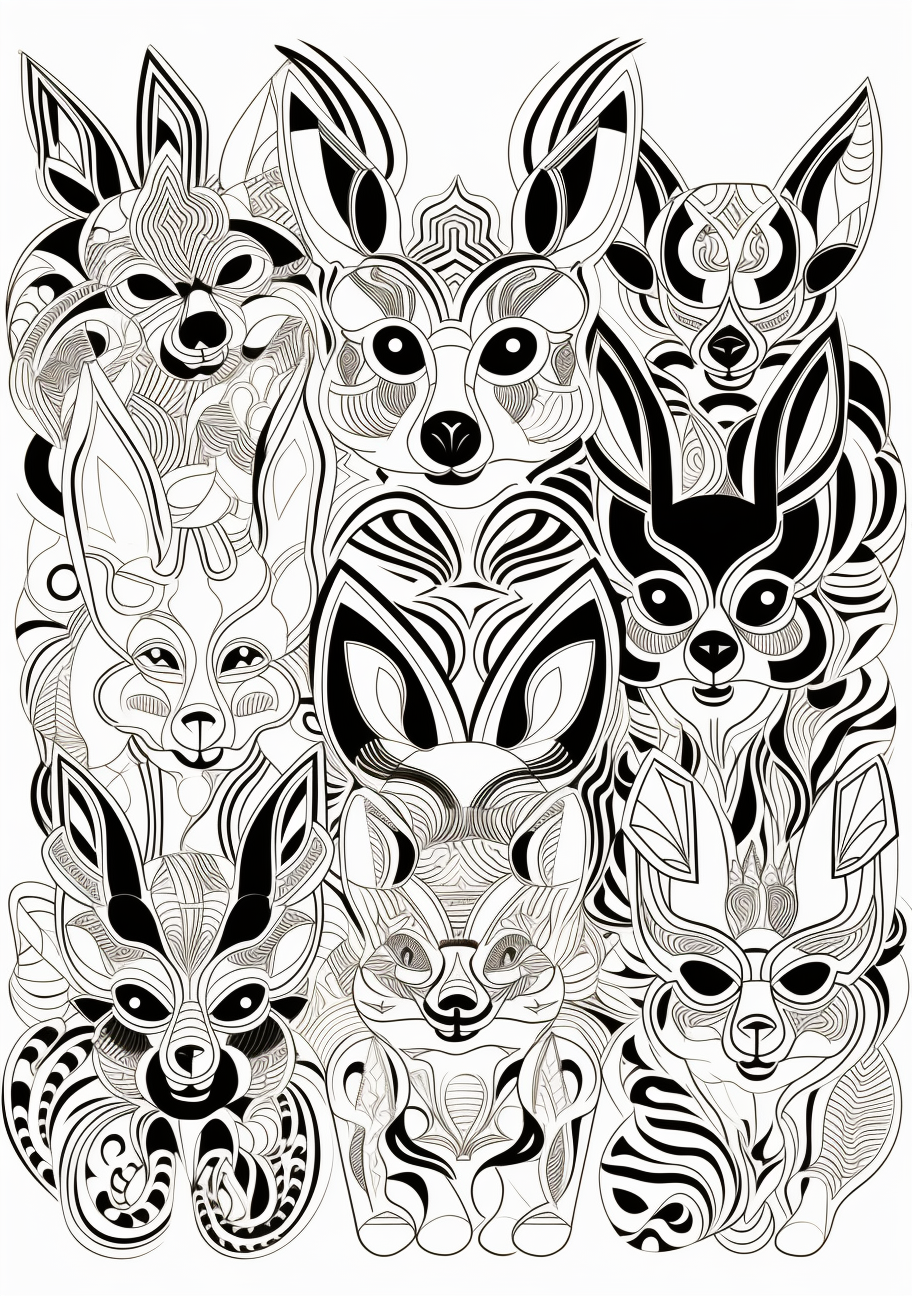 Stylized illustrations of Eevee evolutionary forms; fusion of simple lines and intricate designs. printable coloring page, black and white, free download