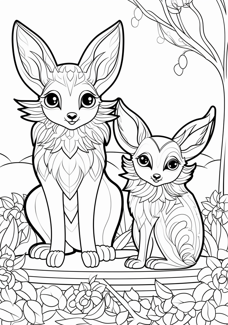 Adventure of Eevee and its various evolution stages in the world of Pokemon; with sharp outlines with moderate details. printable coloring page, black and white, free download