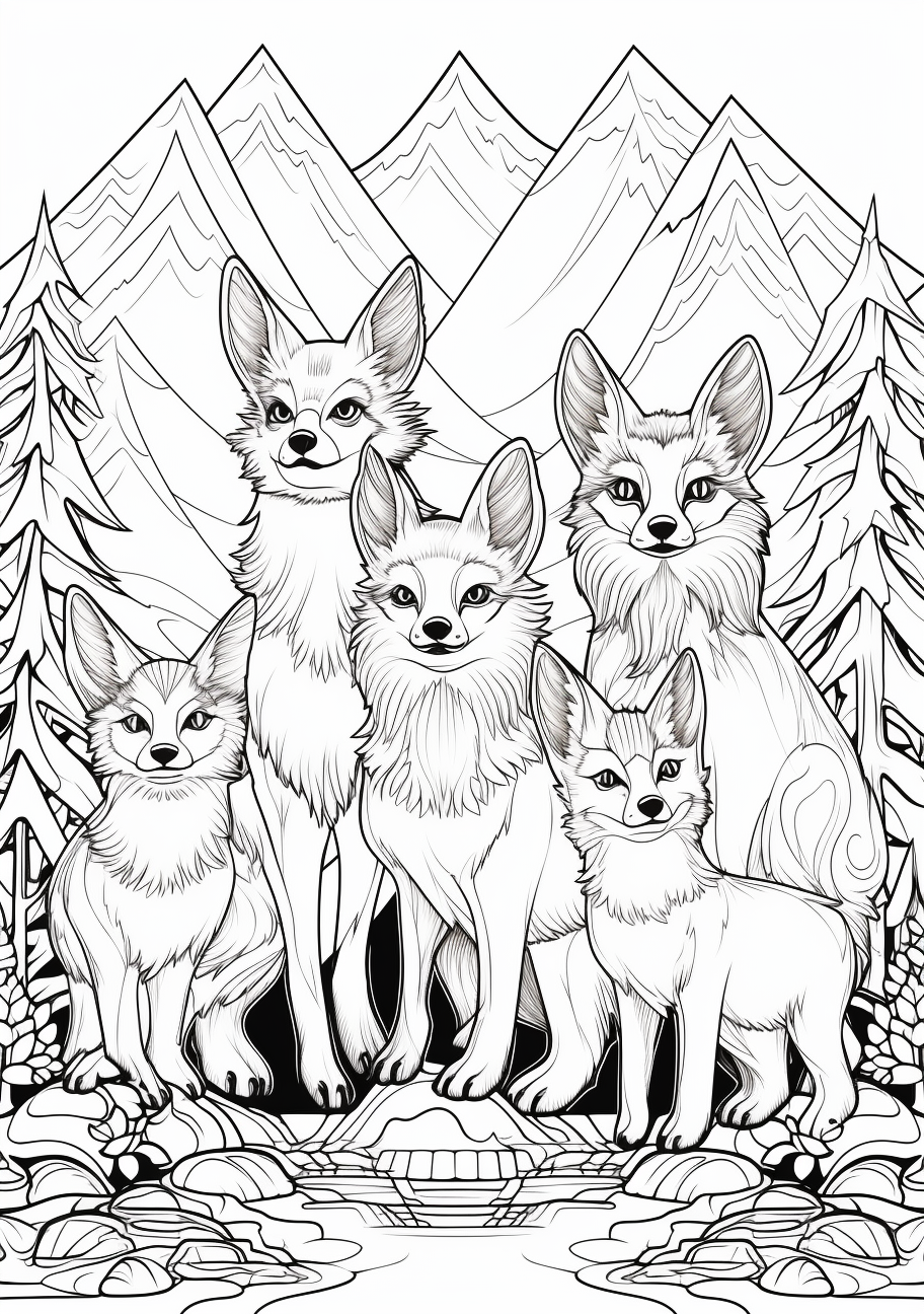 Different forms of Eevee's evolution phases; bold outlines and moderate details. printable coloring page, black and white, free download