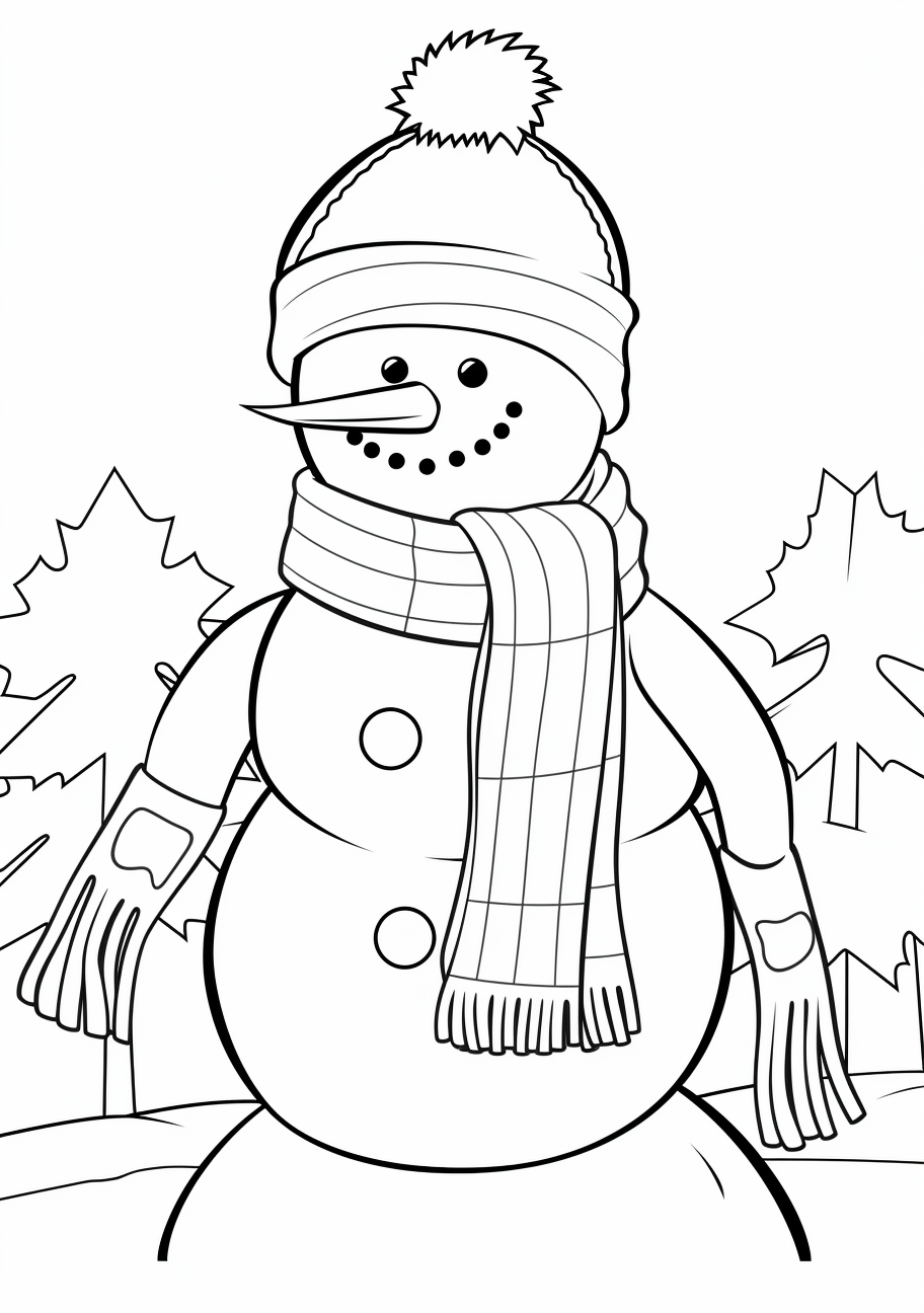 Snowman wearing a Santa hat and scarf; clean outlines and simple details.printable coloring page, black and white, free download