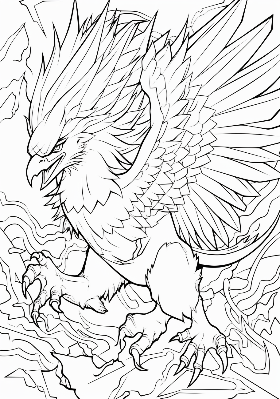Zapdos, the Legendary Pokemon infused with electricity; detailed in a simplified style. printable coloring page, black and white, free download