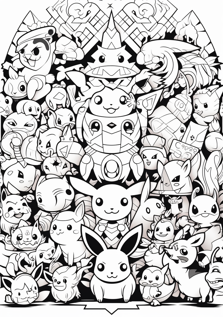 Gathering of Pokemon with Pikachu as key; heavy outlines with emphasis on individual Pokemon designs. printable coloring page, black and white, free download